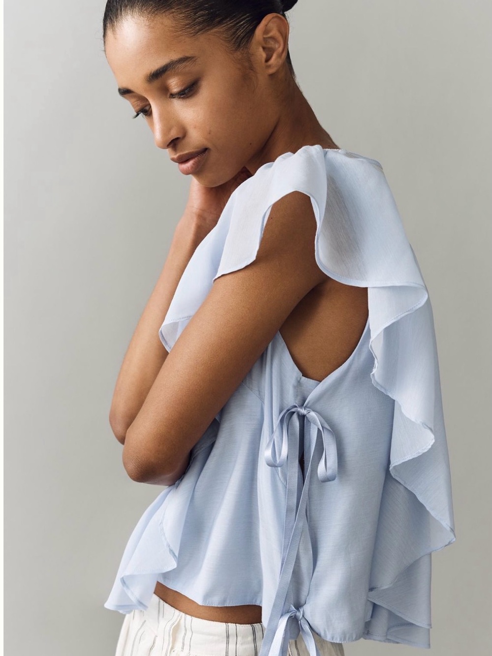 Light Blue Lace-Trim Flutter Sleeve Top - Picture 3 of 6